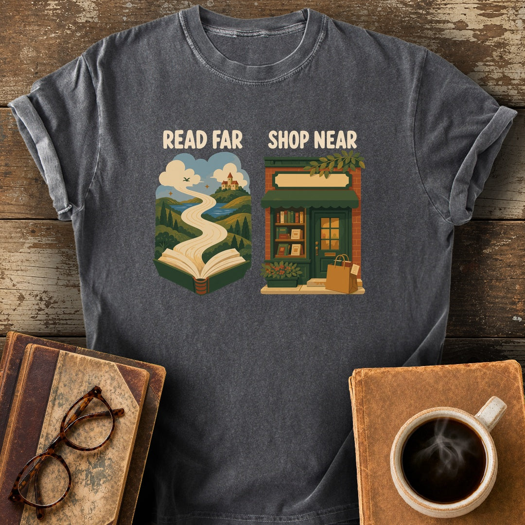 Read Far, Shop Near Tee - pepper shirt mockup