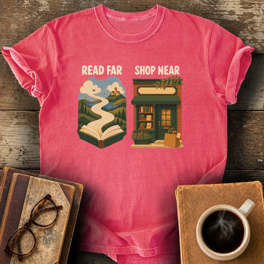 Read Far, Shop Near Tee - watermelon shirt mockup
