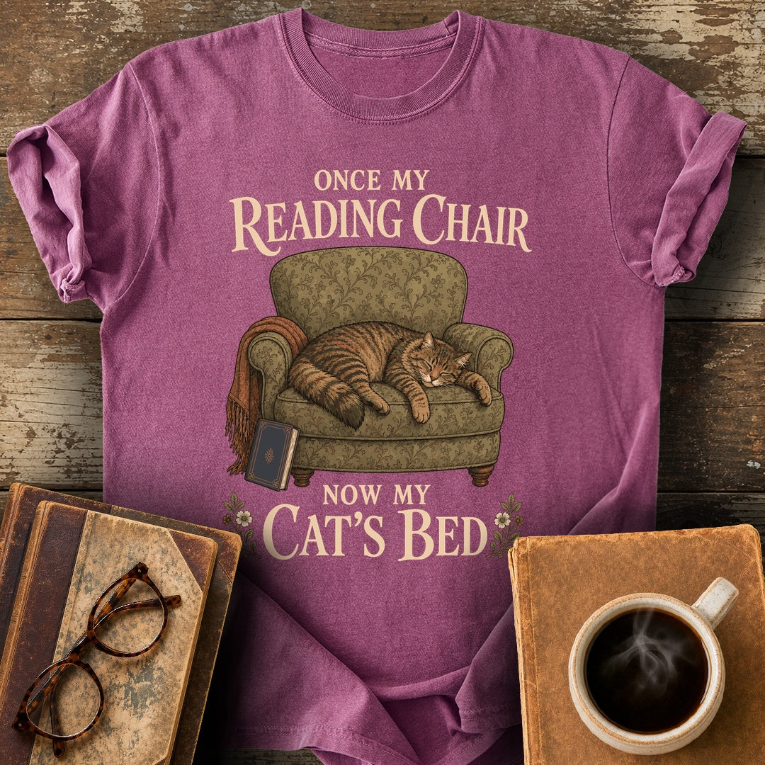 Once My Reading Chair, Now My Cat's Bed Tee - berry shirt mockup
