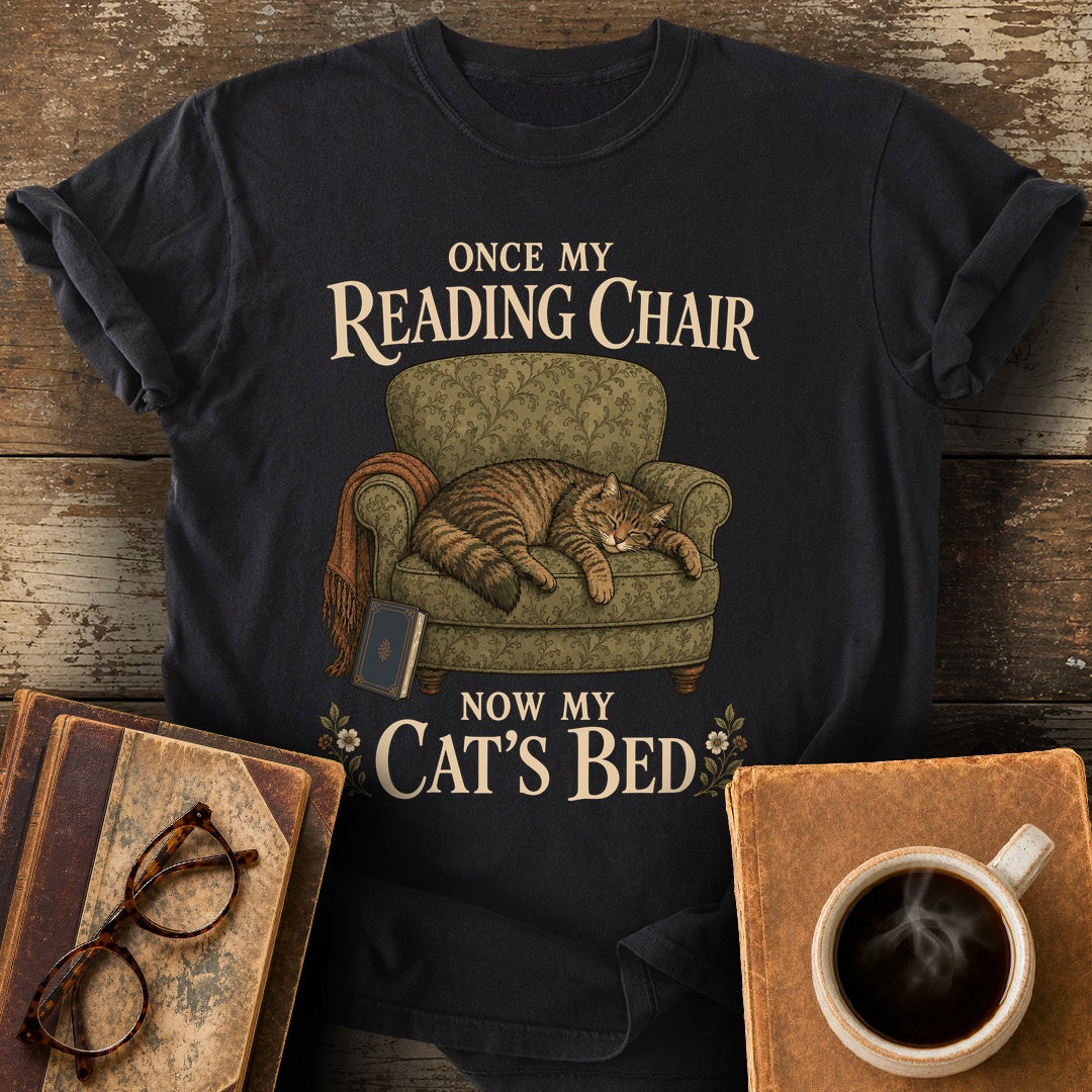Once My Reading Chair, Now My Cat's Bed Tee - black shirt mockup