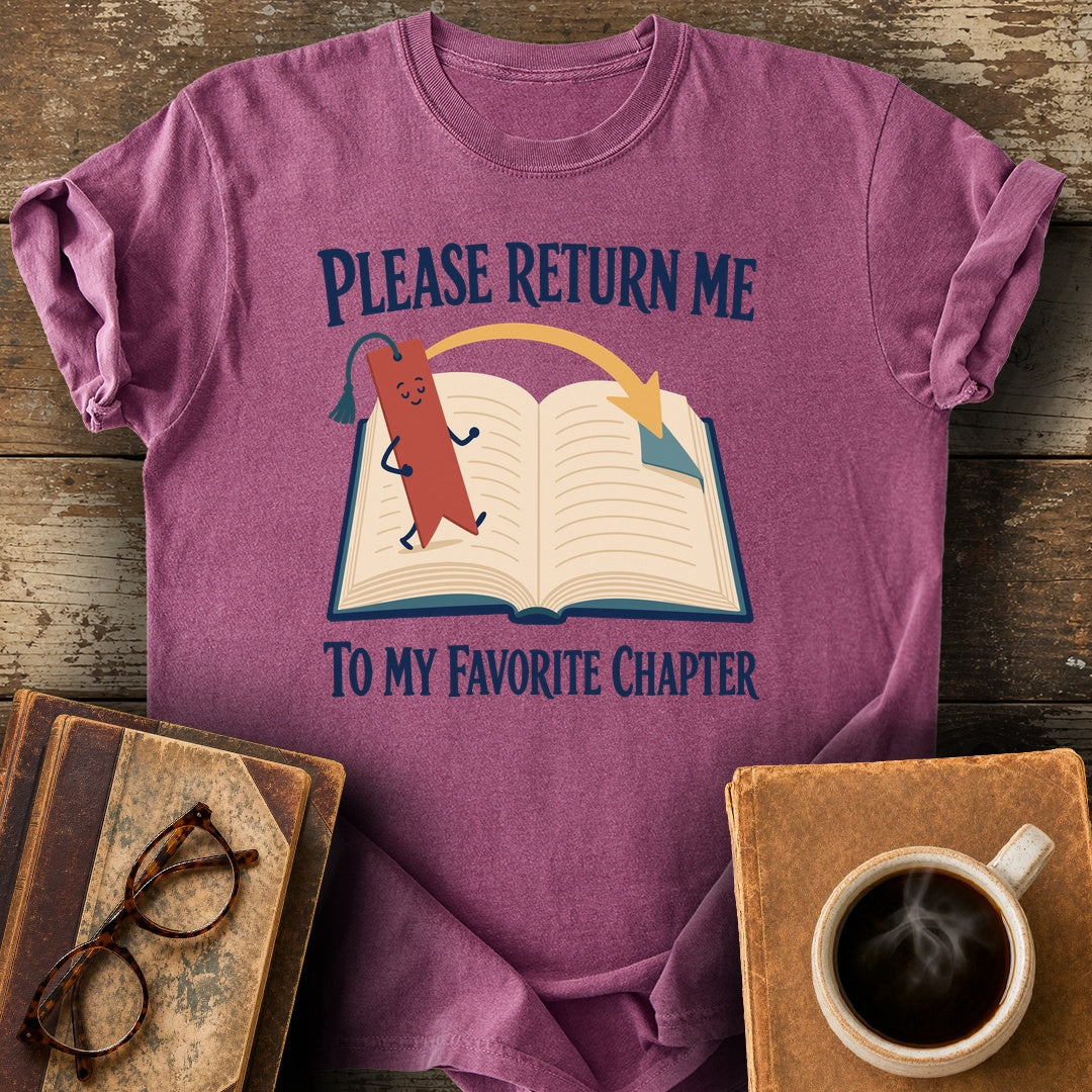 Please Return Me to My Favorite Chapter Tee - berry shirt mockup
