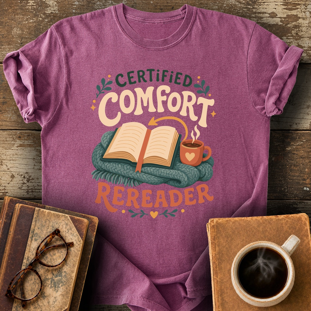 Certified Comfort Rereader Tee - berry shirt mockup