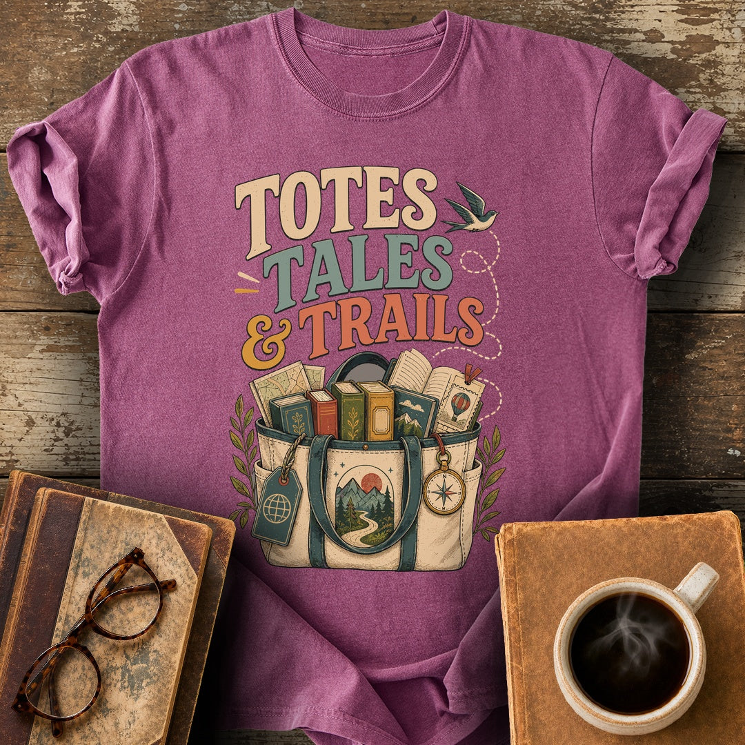Totes Tales and Trails Tee - berry shirt mockup