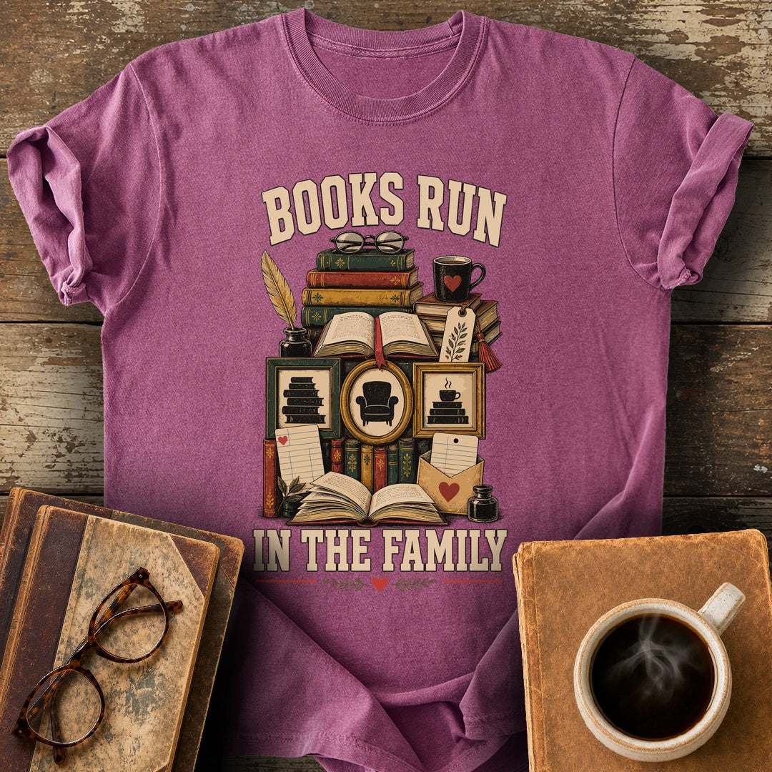 Books Run in the Family Tee - berry shirt mockup