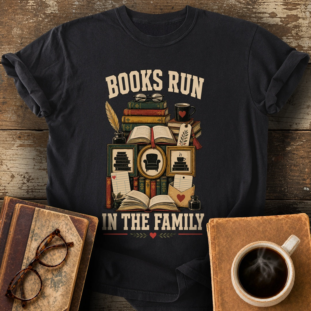 Books Run in the Family Tee - black shirt mockup
