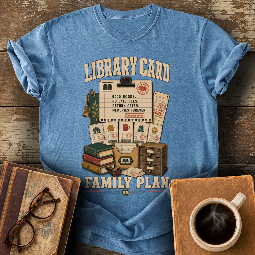 Library Card Family Plan Tee - blue jean shirt mockup