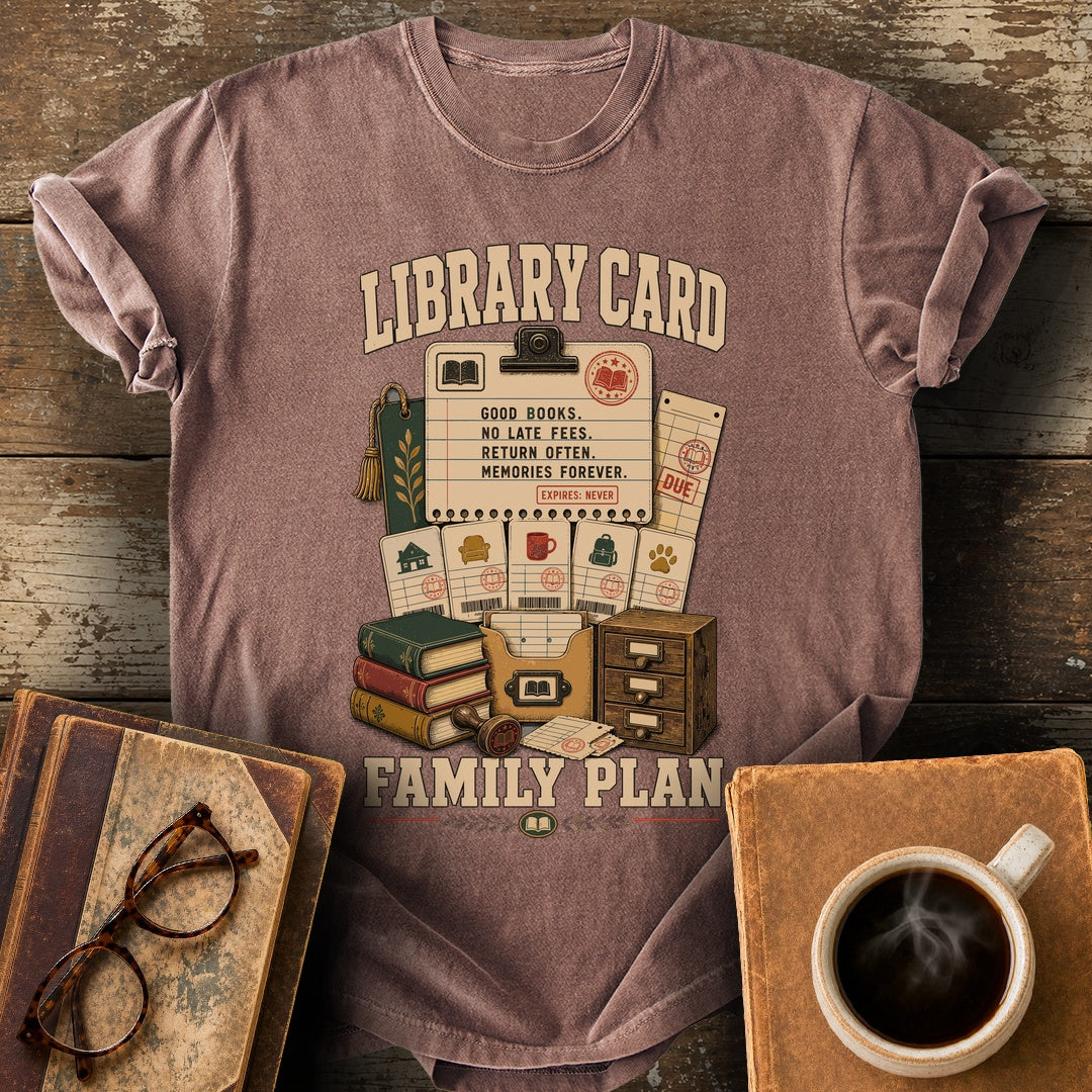 Library Card Family Plan Tee - espresso shirt mockup