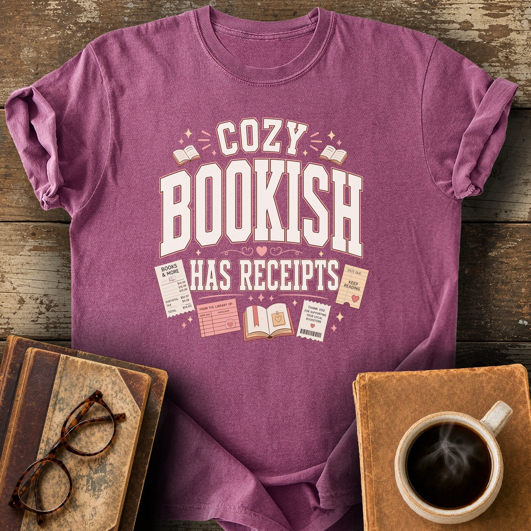 Cozy Bookish Has Receipts Tee - berry shirt mockup