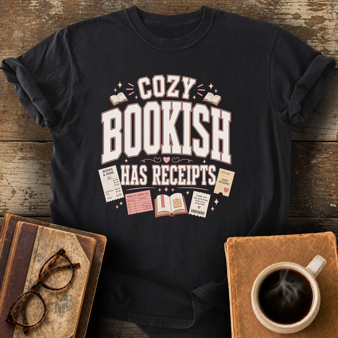 Cozy Bookish Has Receipts Tee - black shirt mockup