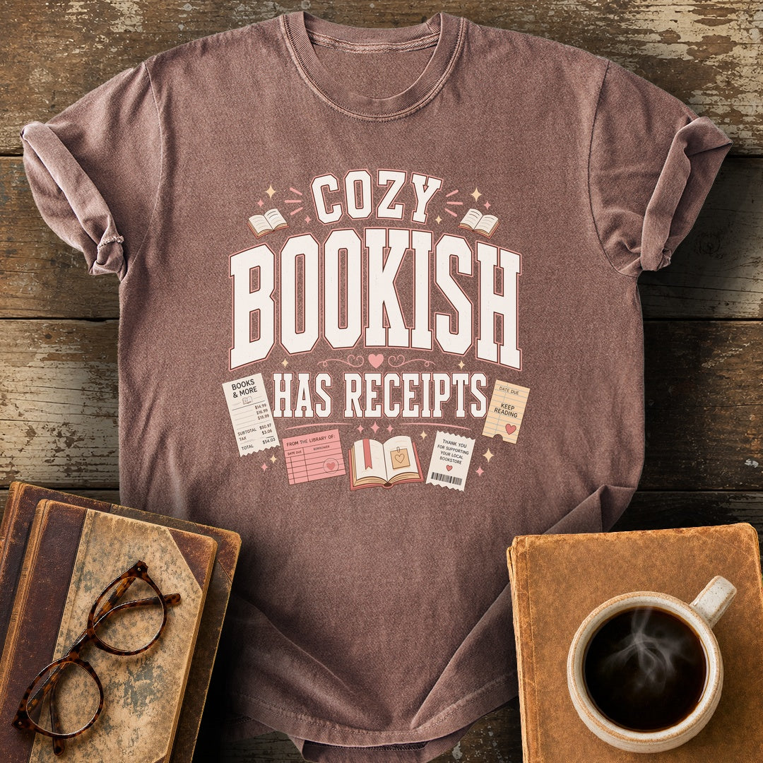 Cozy Bookish Has Receipts Tee - espresso shirt mockup