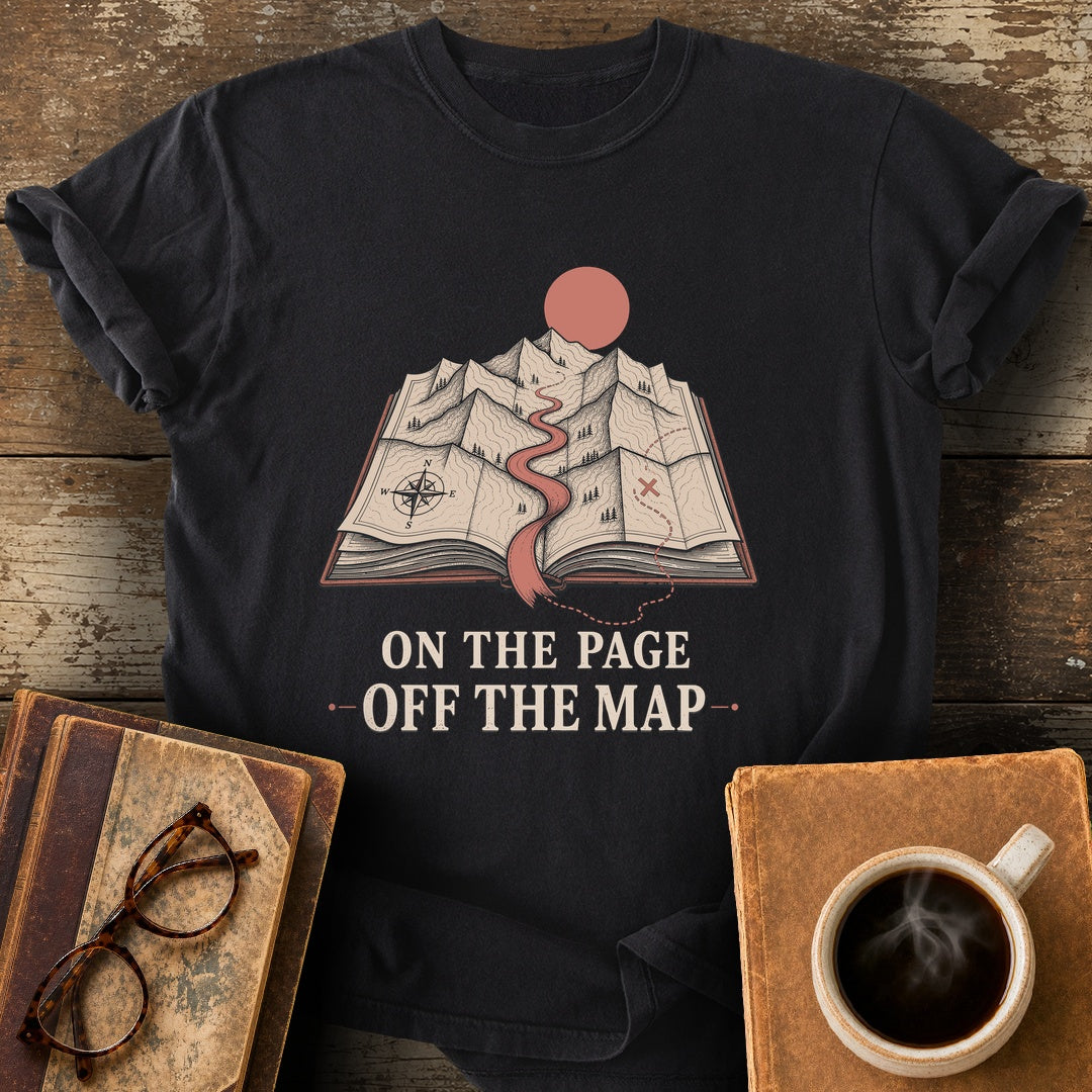 On the Page Off the Map Tee - black shirt mockup