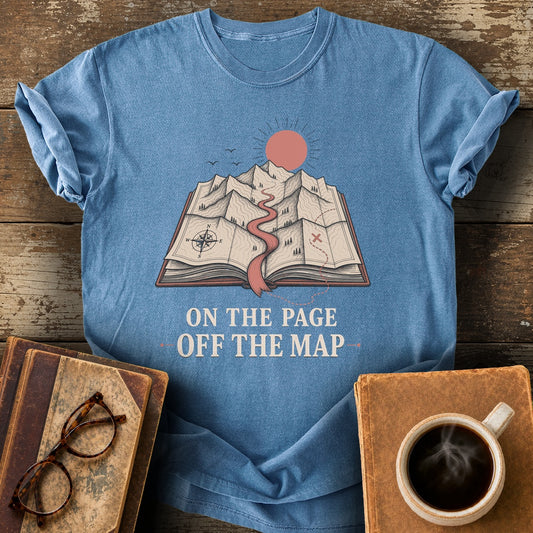On the Page Off the Map Tee - blue jean shirt mockup