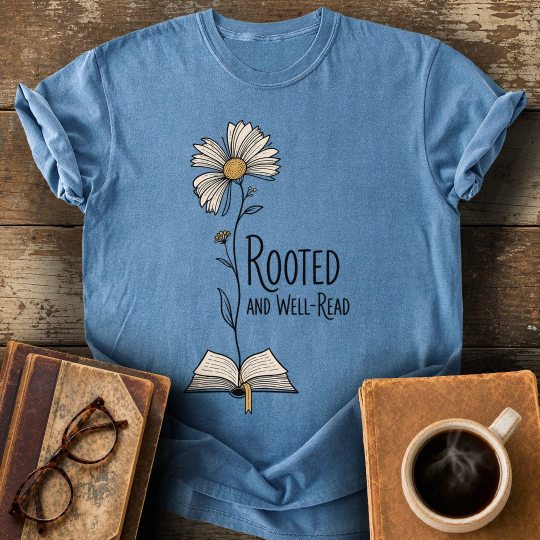 Rooted and Well-Read Tee - blue jean shirt mockup
