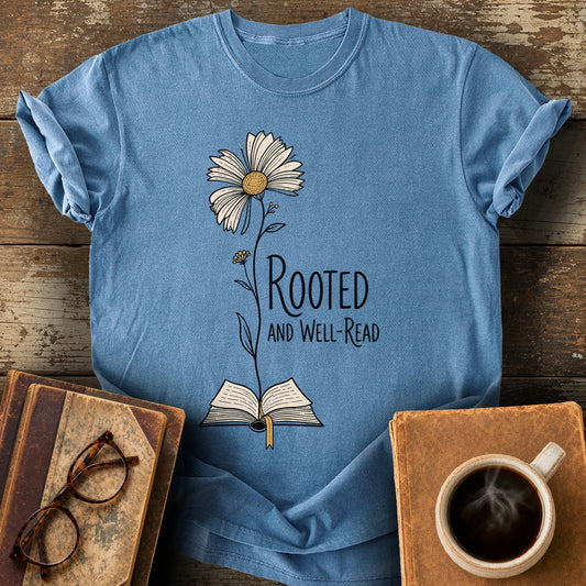 Rooted and Well-Read Tee - blue jean shirt mockup