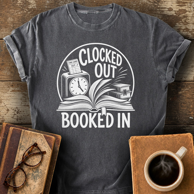 Clocked Out Booked In Tee - pepper shirt mockup
