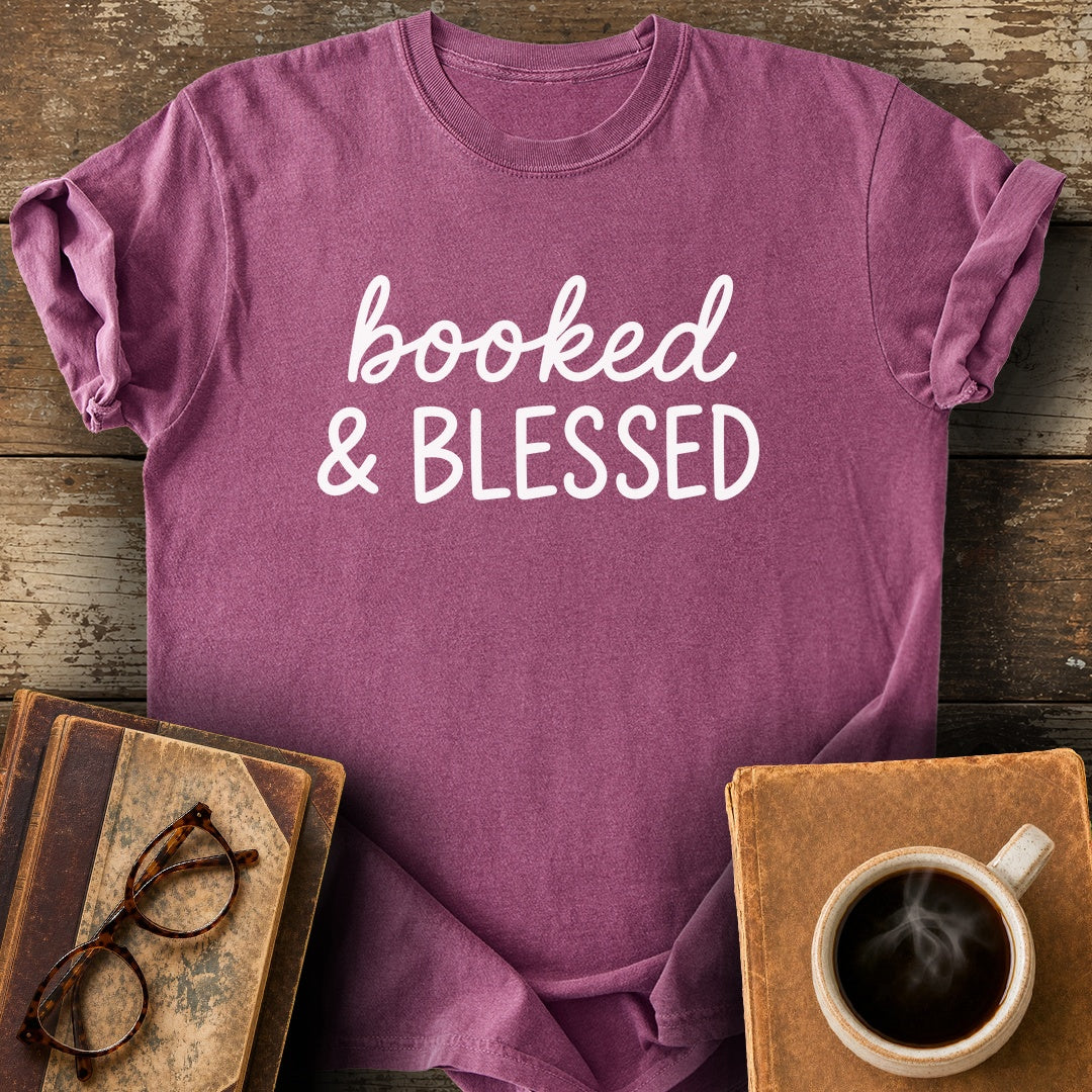 Booked and Blessed Tee - berry shirt mockup