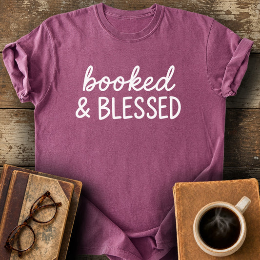 Booked and Blessed Tee - berry shirt mockup