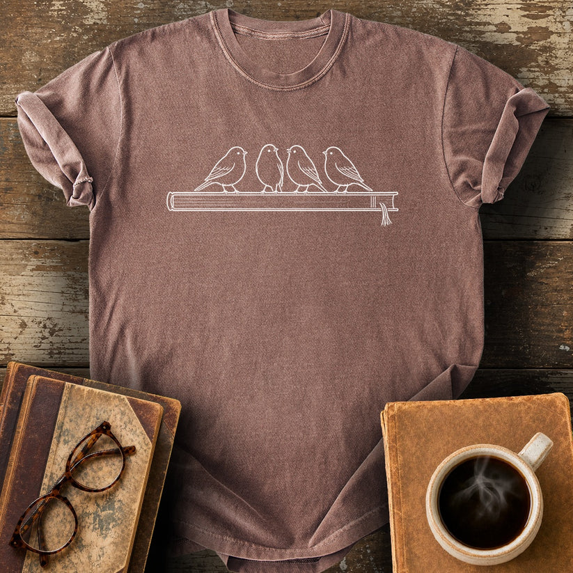 Birds on a Book Spine Tee - espresso shirt mockup