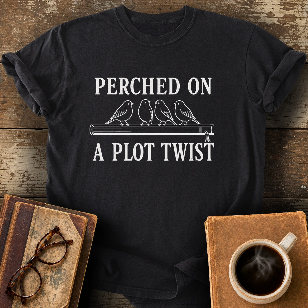 Perched on a Plot Twist Tee - black shirt mockup