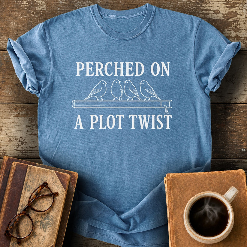 Perched on a Plot Twist Tee - blue jean shirt mockup