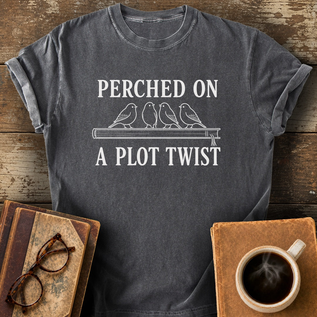 Perched on a Plot Twist Tee - pepper shirt mockup