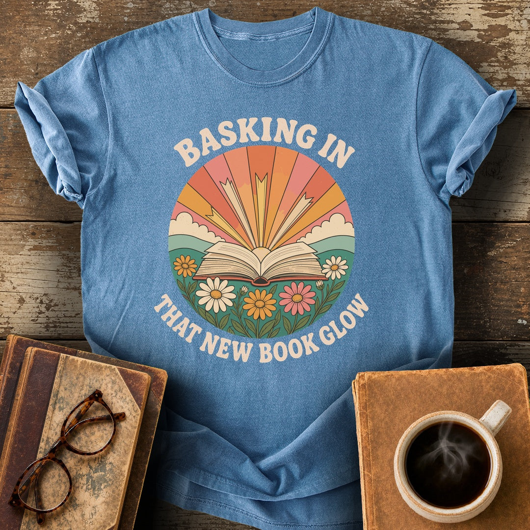 Basking in That New Book Glow Tee - blue jean shirt mockup