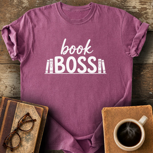 Book Boss Tee - berry shirt mockup
