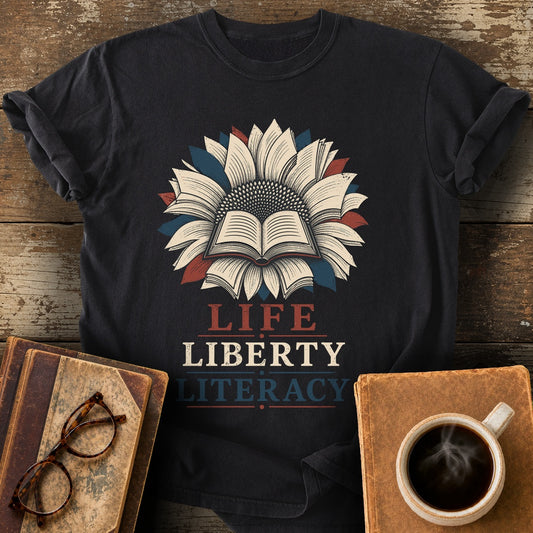 Life Liberty Literacy Tee - black shirt mockup