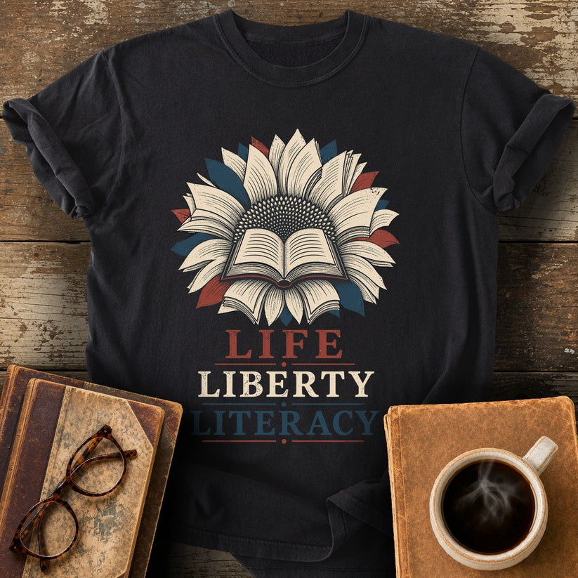 Life Liberty Literacy Tee - black shirt mockup